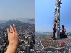 Dos manifestantes treparon el Empire State y desplegaron una bandera con un mensaje de unión y armonía